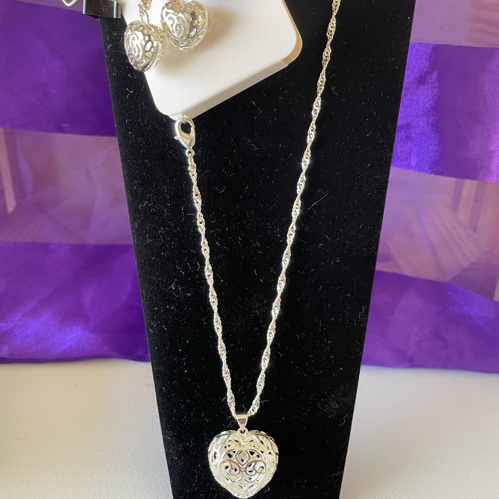 Silver Puff Heart Necklace and Earrings - Picture 2 of 6